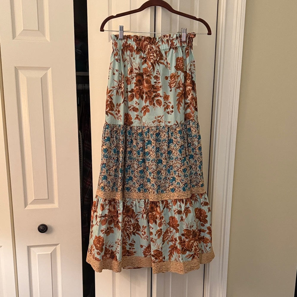 Tuckernuck Floral Patchwork Maxi Skirt - Turquoise, Brown, camel lace
